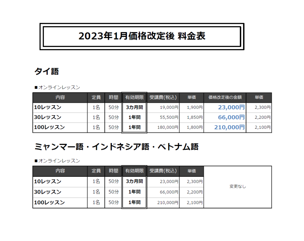 【タイ語オンラインレッスン価格変更のお知らせ】 